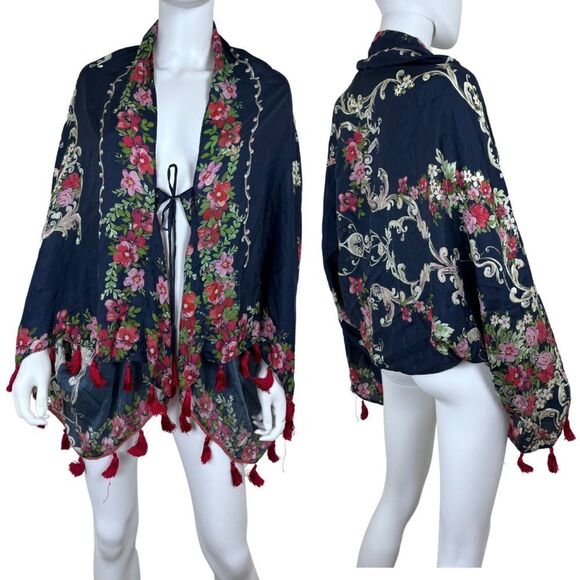 Johnny Was Size M Silk Tassel Wide Flared Sleeve Floral Mococo Boho Shrug Poncho - Picture 1 of 17